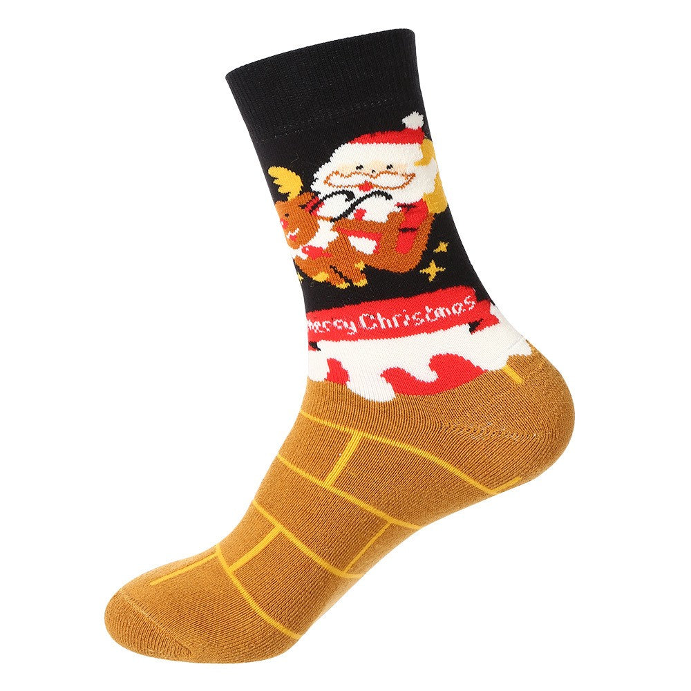 Black and brown Christmas socks with Santa and reindeer climbing into chimney β festive unisex holiday crew socks