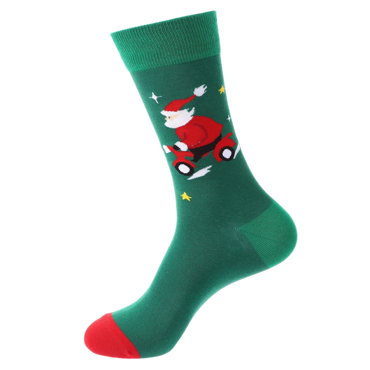 Green and red crew socks featuring Santa riding a red scooter with yellow stars
