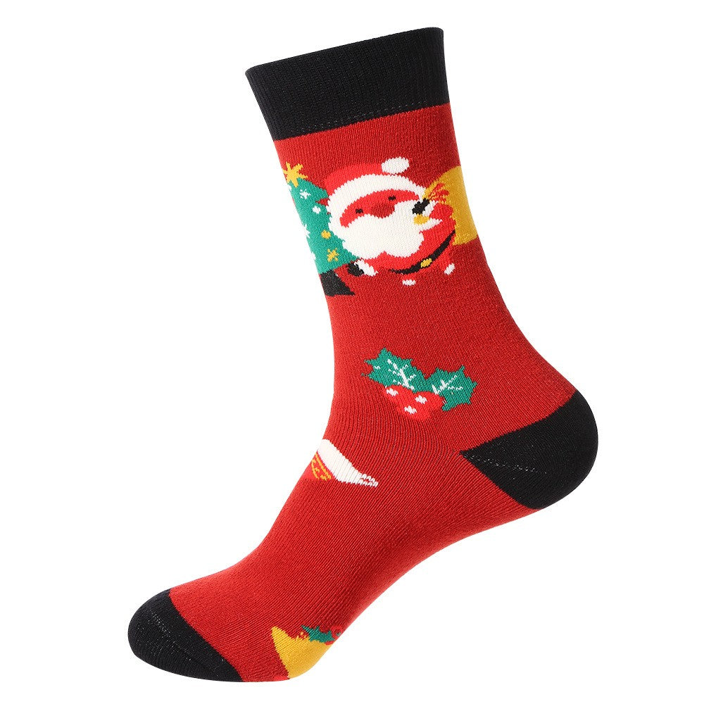 Red Christmas socks with Santa, Christmas tree, holly, and gifts β unisex holiday crew socks