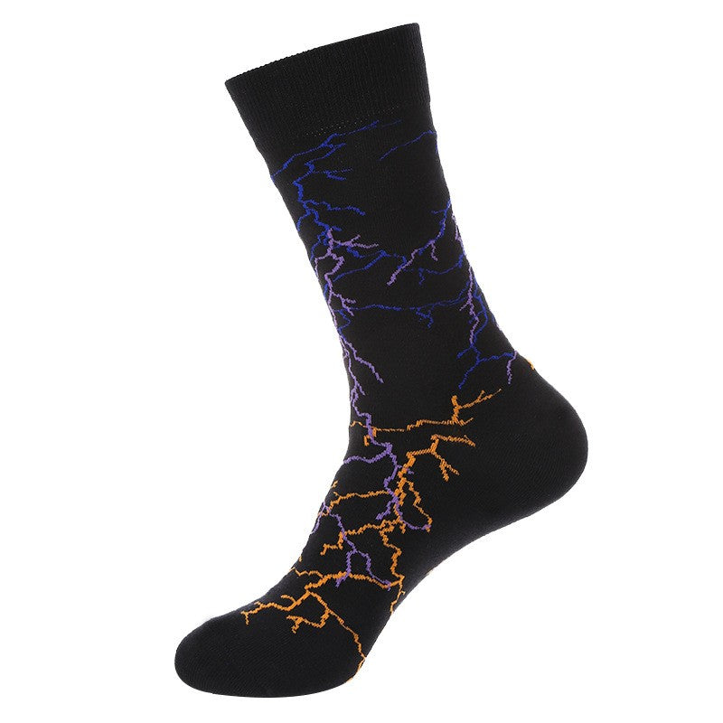 Weather Socks featuring purple and orange lightning bolts on black background, unisex crew socks