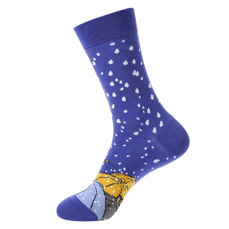 Weather Socks featuring white snowflakes on blue background with yellow and gray toe accent, unisex crew socks