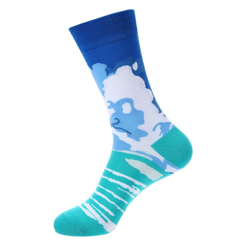 Weather Socks featuring blue cloud pattern and turquoise sky design, unisex crew socks