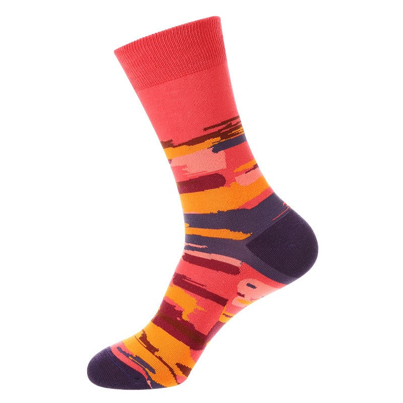 Weather Socks featuring fiery sunset design with orange, pink, and purple abstract streaks, unisex crew socks

