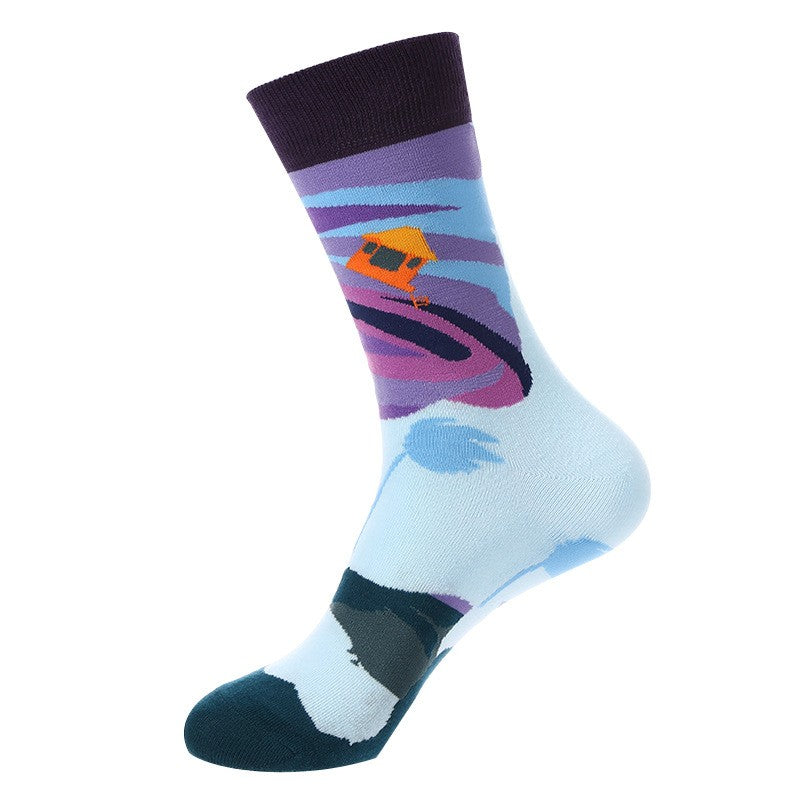 Weather Socks featuring blue and purple storm swirl design with orange house detail, unisex crew socks