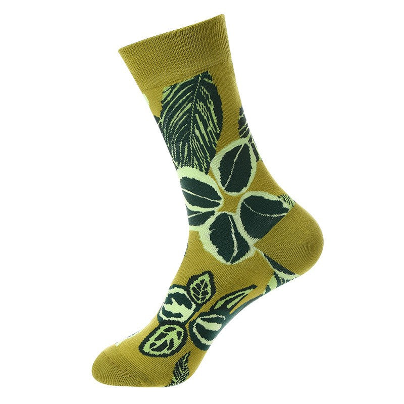 Leaf Crew Socks in olive green with dark green botanical pattern, unisex crew socks