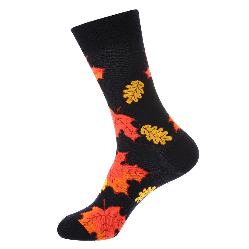 Leaf Crew Socks featuring red, orange, and yellow autumn leaves on black background, unisex crew socks