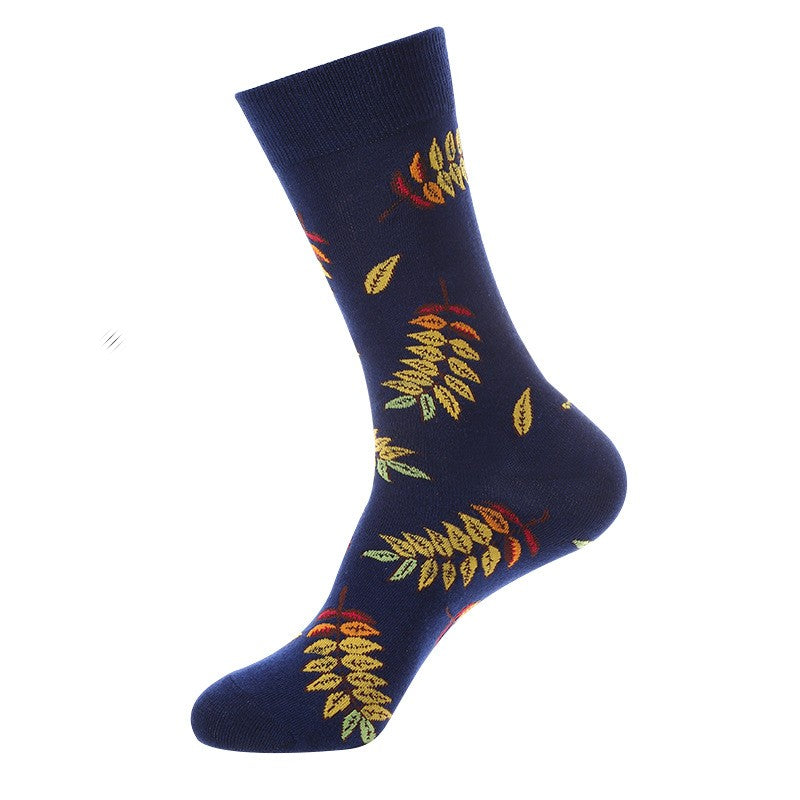 Leaf Crew Socks featuring red, yellow, and orange autumn leaves on navy background, unisex crew socks