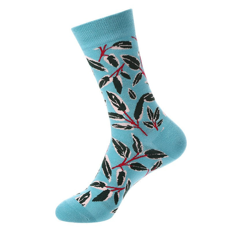 Leaf Crew Socks featuring dark green leaf pattern with red stems on sky blue background, unisex crew socks
