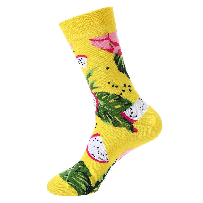 Yellow novelty socks with dragon fruit slices and tropical green leaves – unisex fruit socks