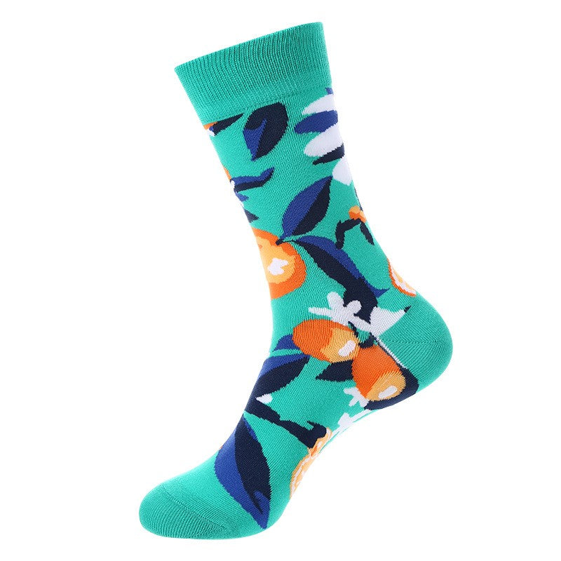 Green novelty socks with bright orange citrus fruit and dark green leaves – unisex fruit socks
