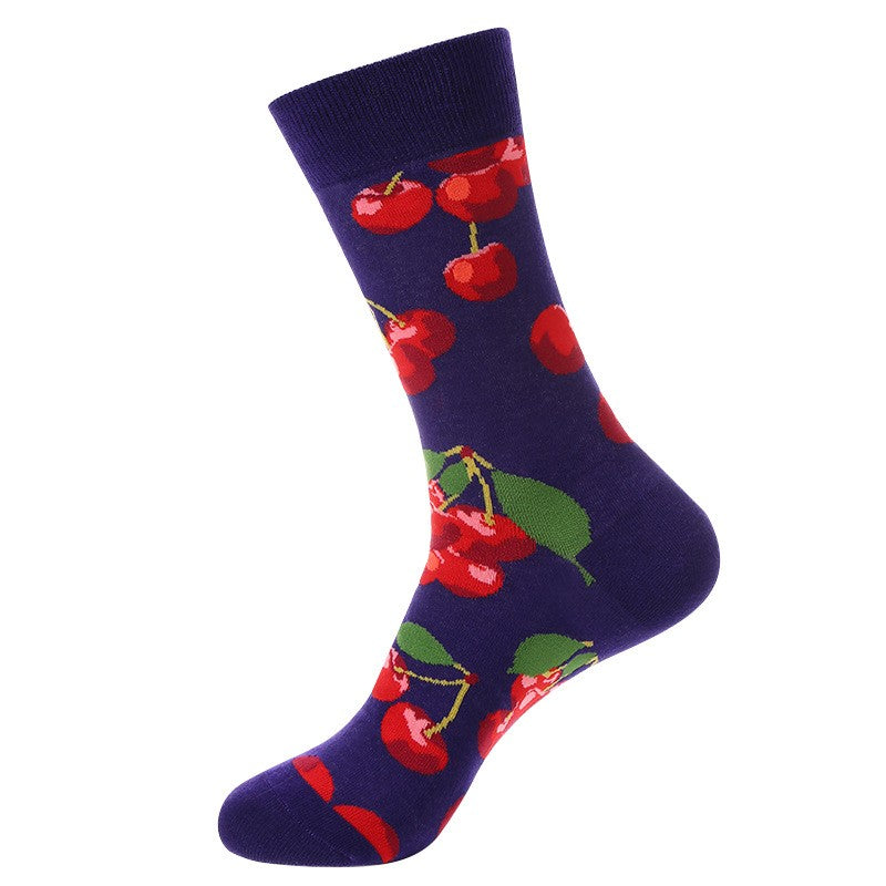 Purple novelty socks with red cherries and green leaves – unisex fruit socks