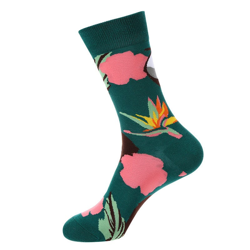 Tropical floral socks with pink hibiscus and bird of paradise