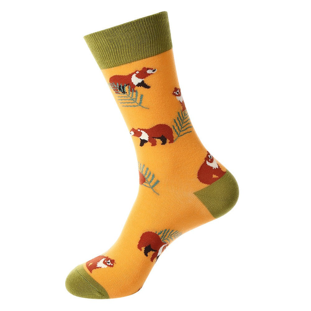 Animal-themed crew socks featuring brown bears and forest leaves on a golden-yellow background with olive green accents, unisex socks