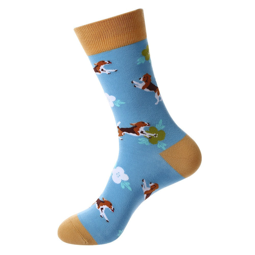 Animal-themed crew socks featuring brown and white beagle dogs with green and white flowers on a light blue background with tan cuff, heel, and toe accents, unisex socks