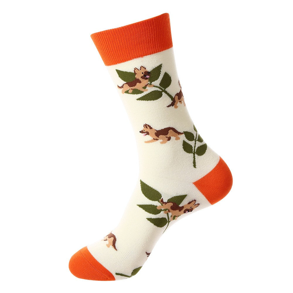 Animal-themed crew socks featuring brown puppies with green leaves on a cream base, orange cuff, heel, and toe accents, unisex socks
