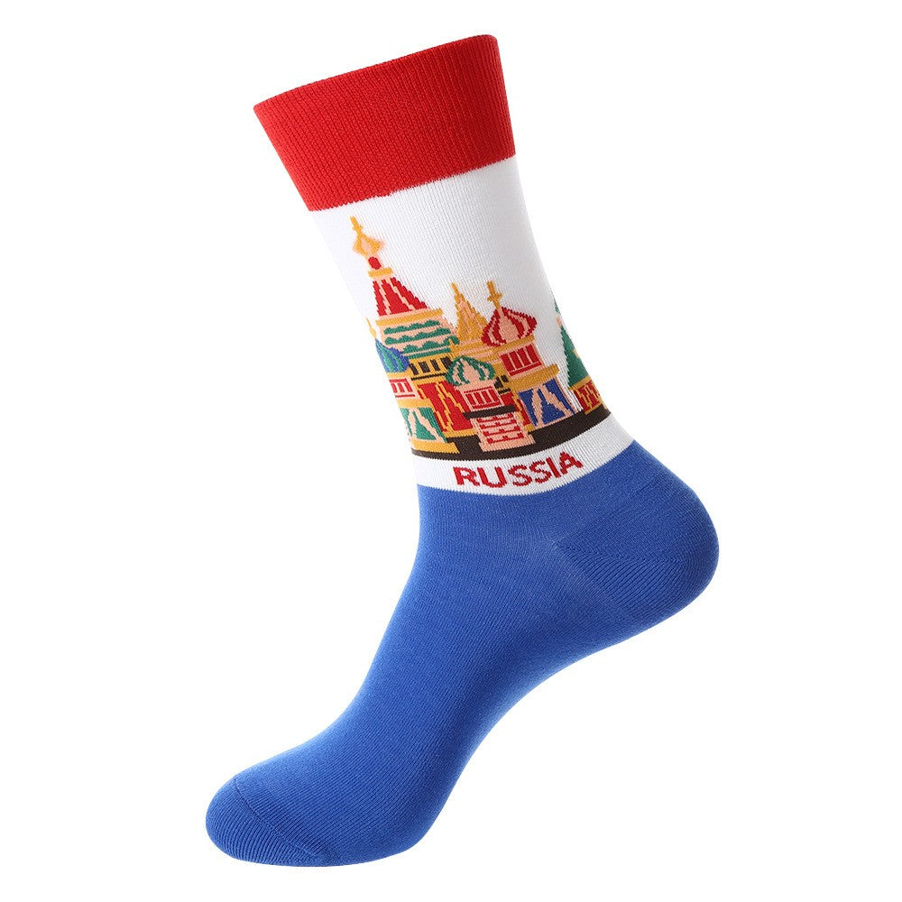 Landmark Sock – Russia Crew Socks featuring Saint Basil’s Cathedral design with blue, red, and multicolor pattern, unisex crew socks