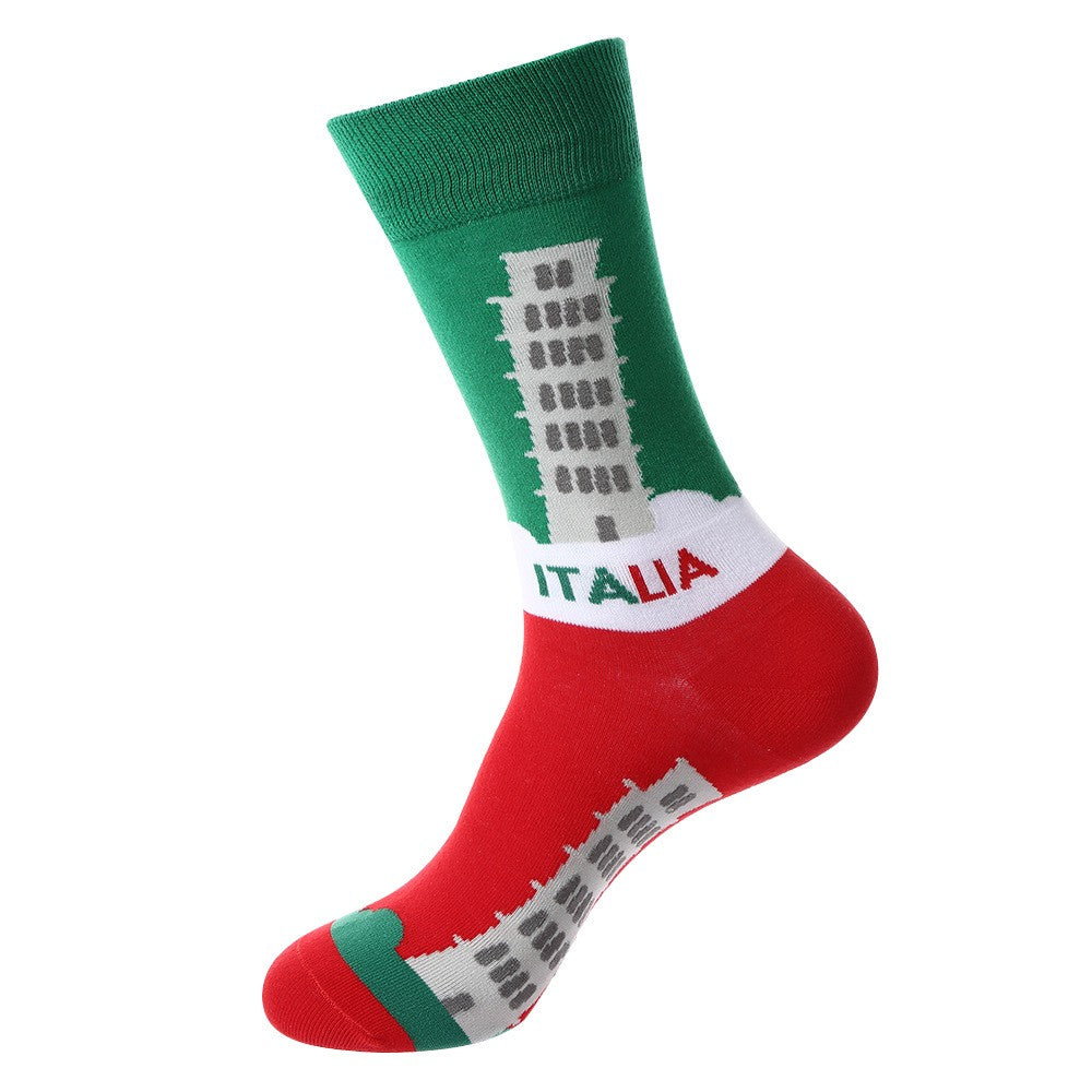 Landmark Sock – Italy Crew Socks featuring Leaning Tower of Pisa design in red, green, and white colors, unisex crew socks