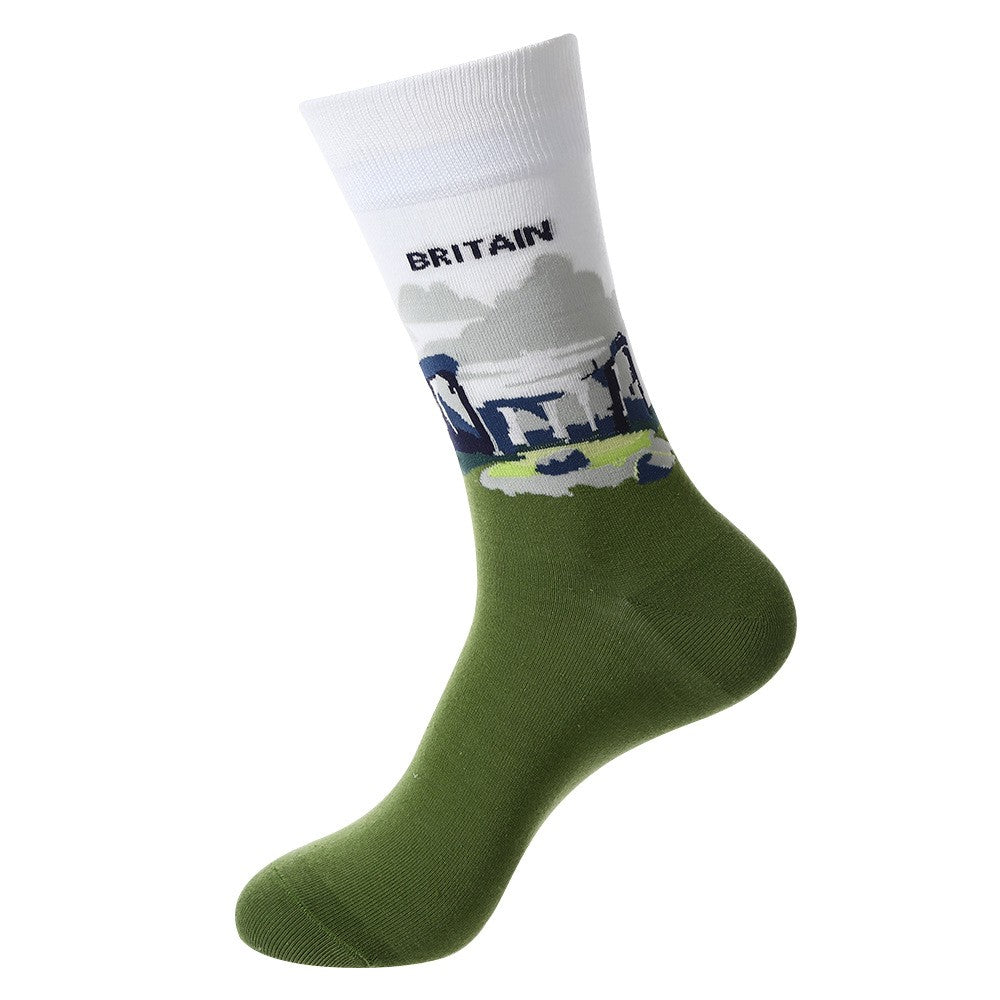 Landmark Sock – Britain Crew Socks featuring Stonehenge design with green landscape and cloudy sky, unisex crew socks