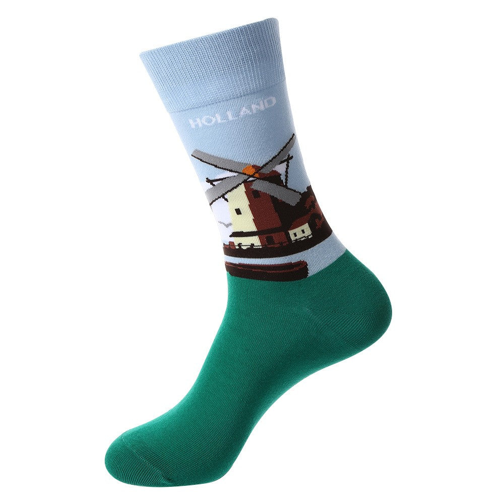 Landmark Sock – Holland Crew Socks featuring Dutch windmill and canal design in blue and green tones, unisex crew socks