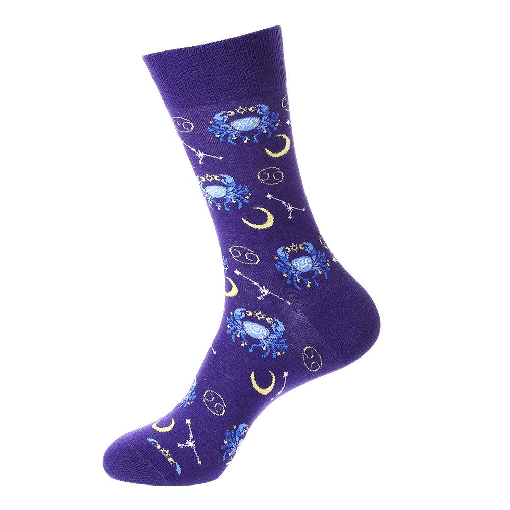 Purple constellation socks with Cancer zodiac crab, star symbols, and crescent moons – unisex crew cotton blend