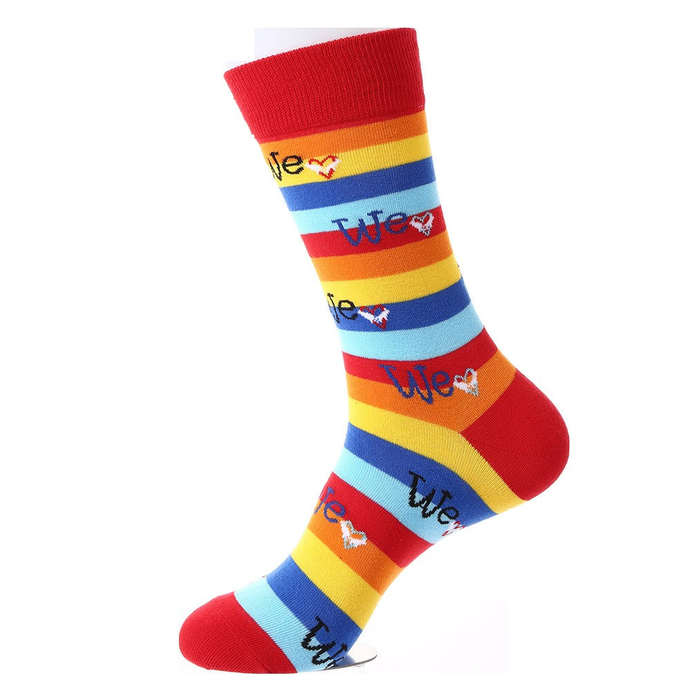 Valentine’s We Love rainbow striped crew socks with heart accents