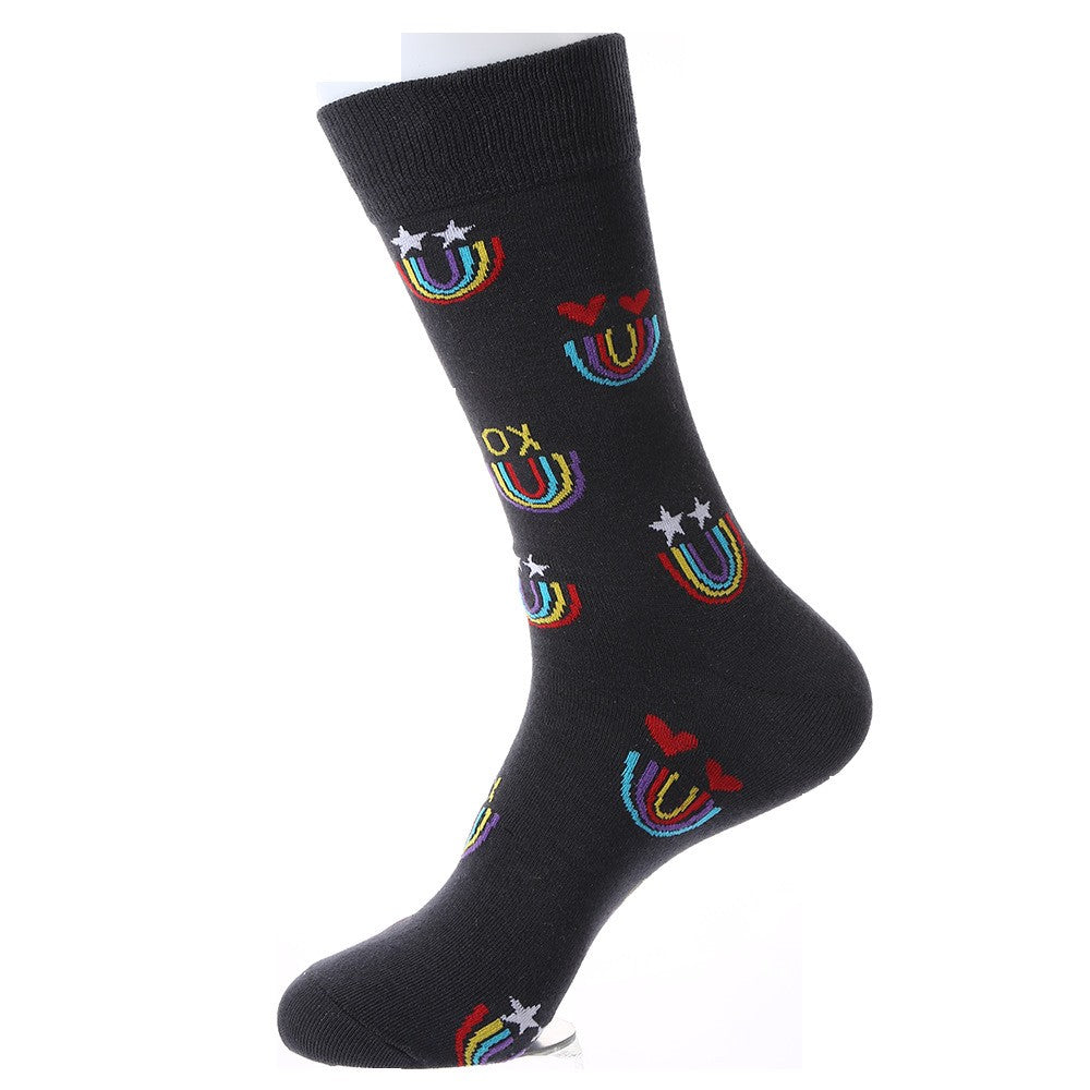 Black XO and Heart U rainbow Valentine’s crew socks with stars and colorful icons