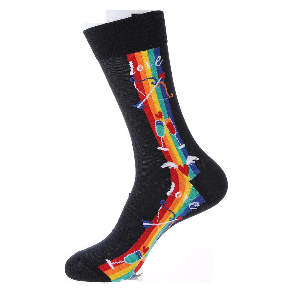 Black Valentine’s crew socks with rainbow stripes, Cupid bow, hearts, and champagne glasses