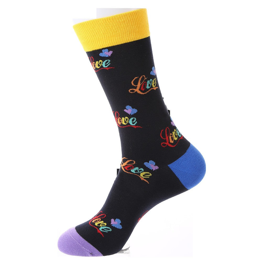 Black crew socks with colorful ‘Love’ script and rainbow heart accents – unisex Valentine’s socks