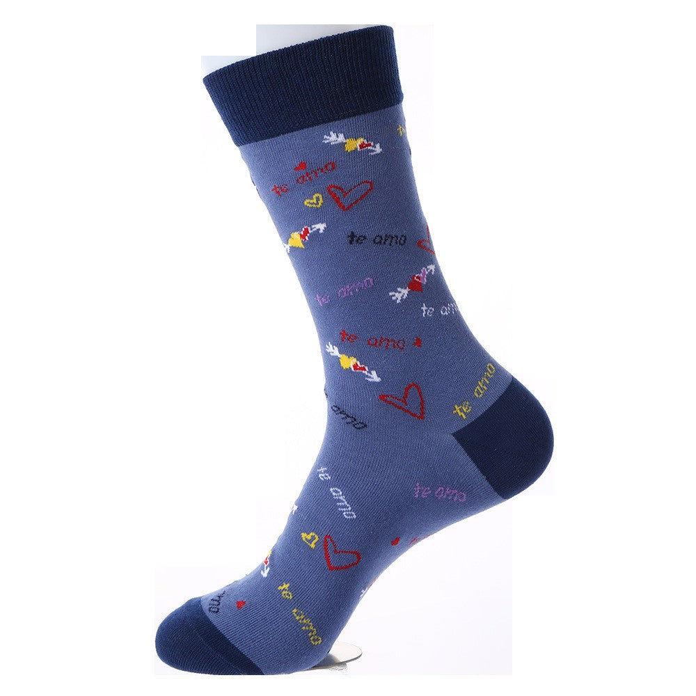 Blue crew socks with colorful ‘te amo’ text, hearts, and love doodles – unisex Valentine’s socks