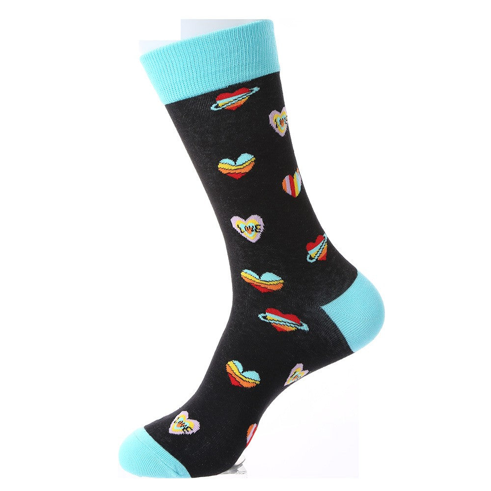 Black crew socks with colorful love hearts and rainbow planet designs