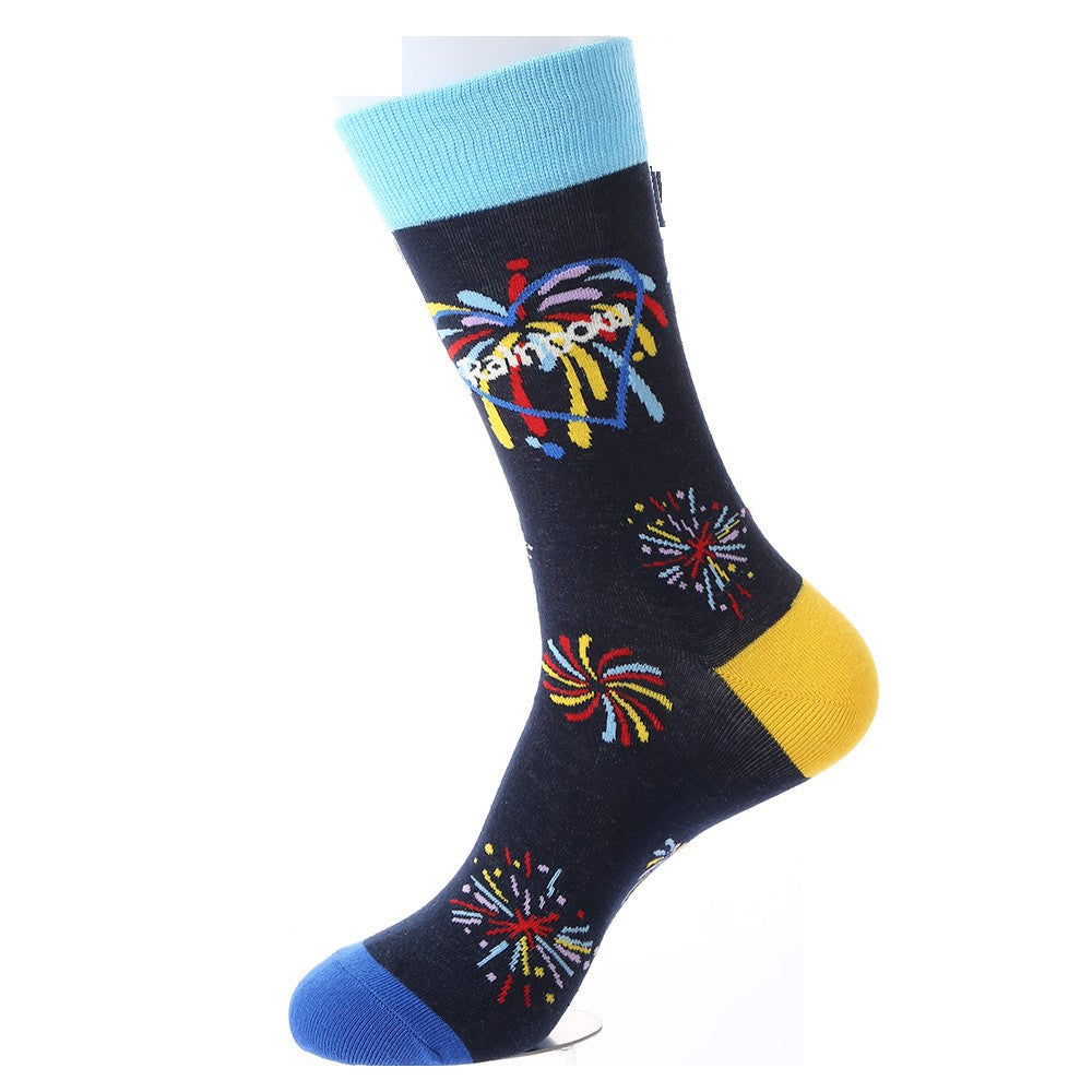 black crew socks with colorful fireworks and a rainbow heart design