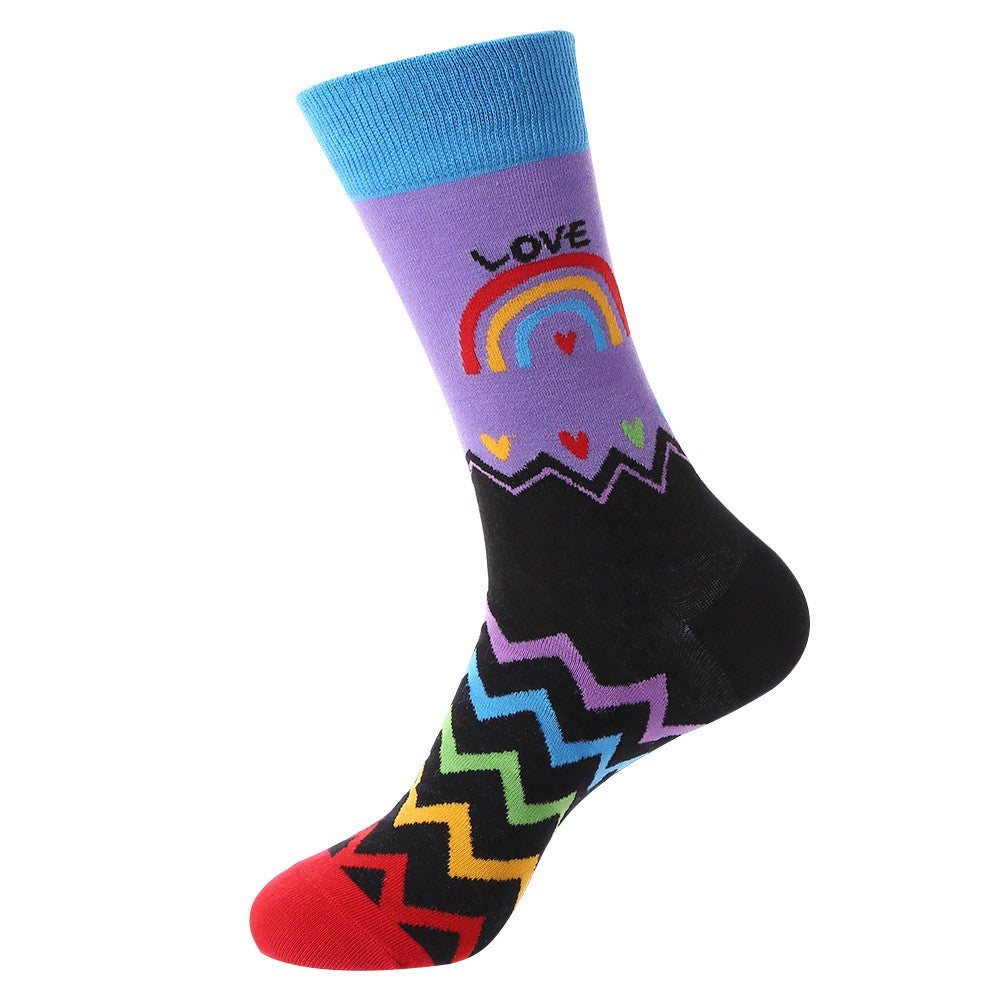 Love rainbow crew socks with colorful zigzag stripes and heart accents