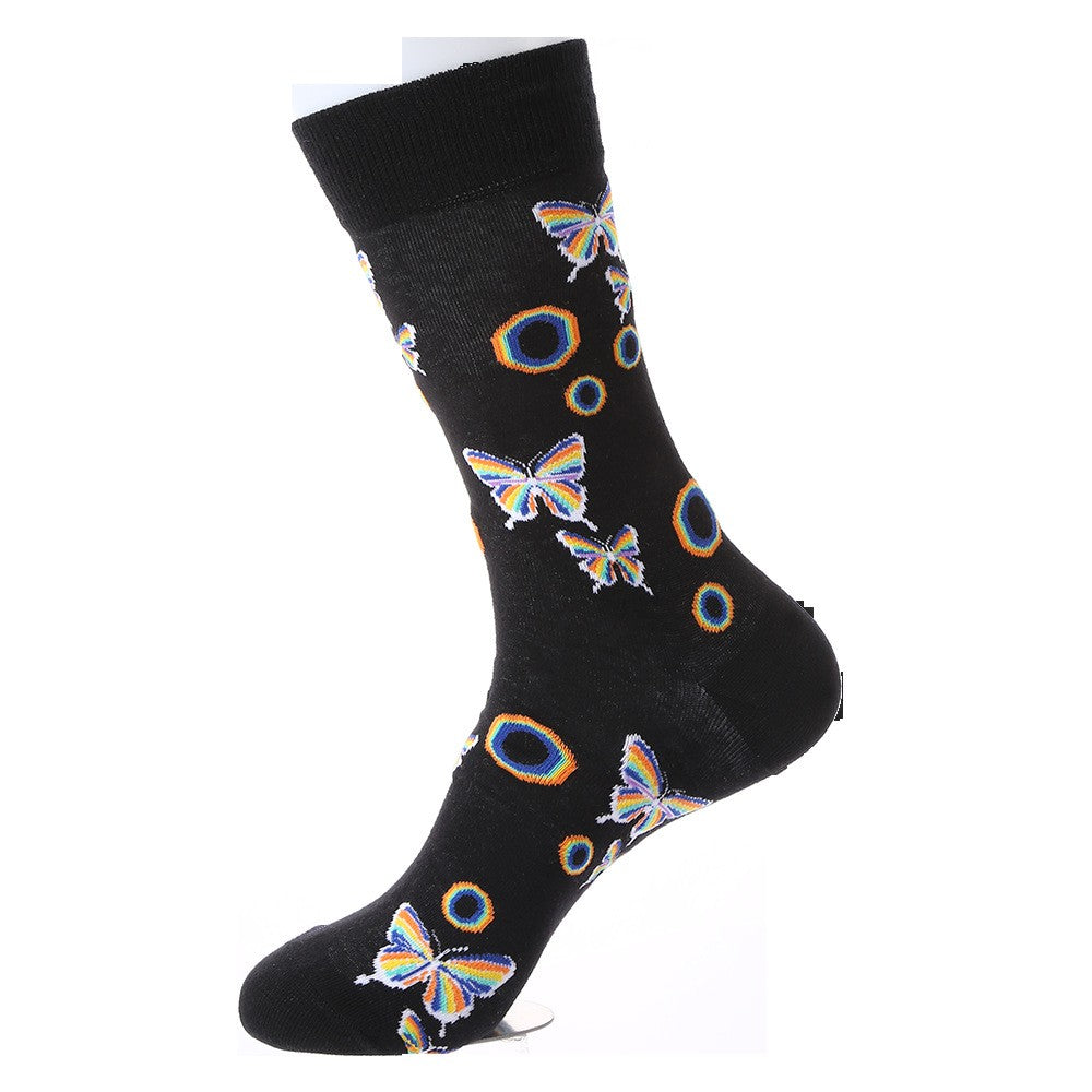 Black crew socks with rainbow butterflies and colorful circle accents