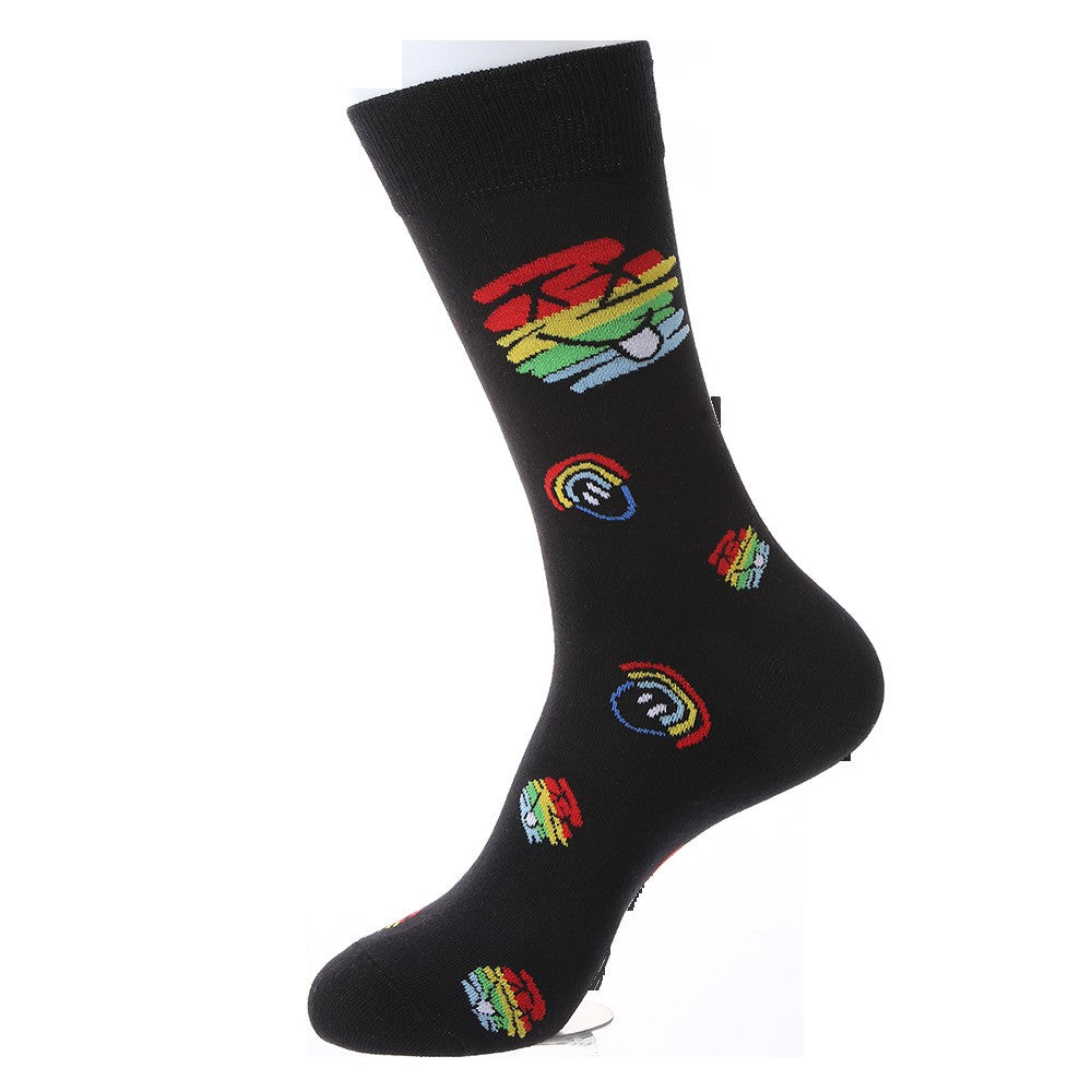 Valentine’s black crew socks with rainbow smiley hearts and colorful smiley icons