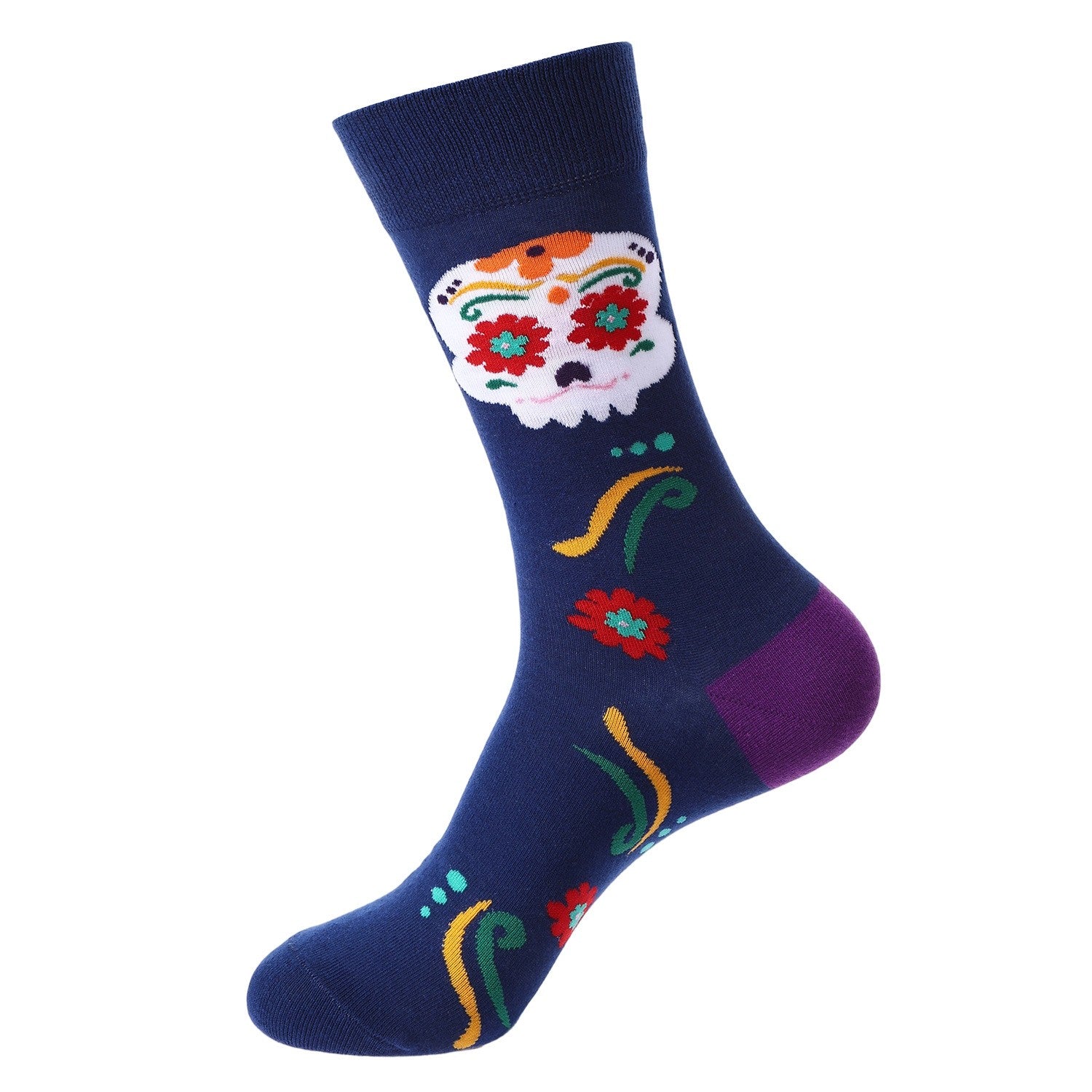 Navy blue socks with vibrant sugar skull and floral Day of the Dead design