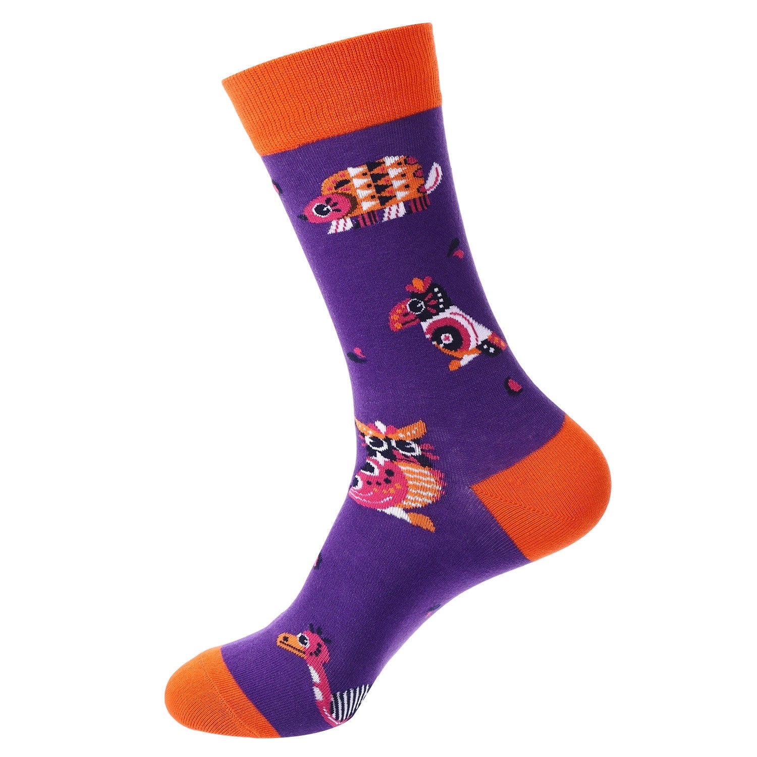 Colorful Day of the Dead socks featuring alebrije animal designs on a purple background with orange accents