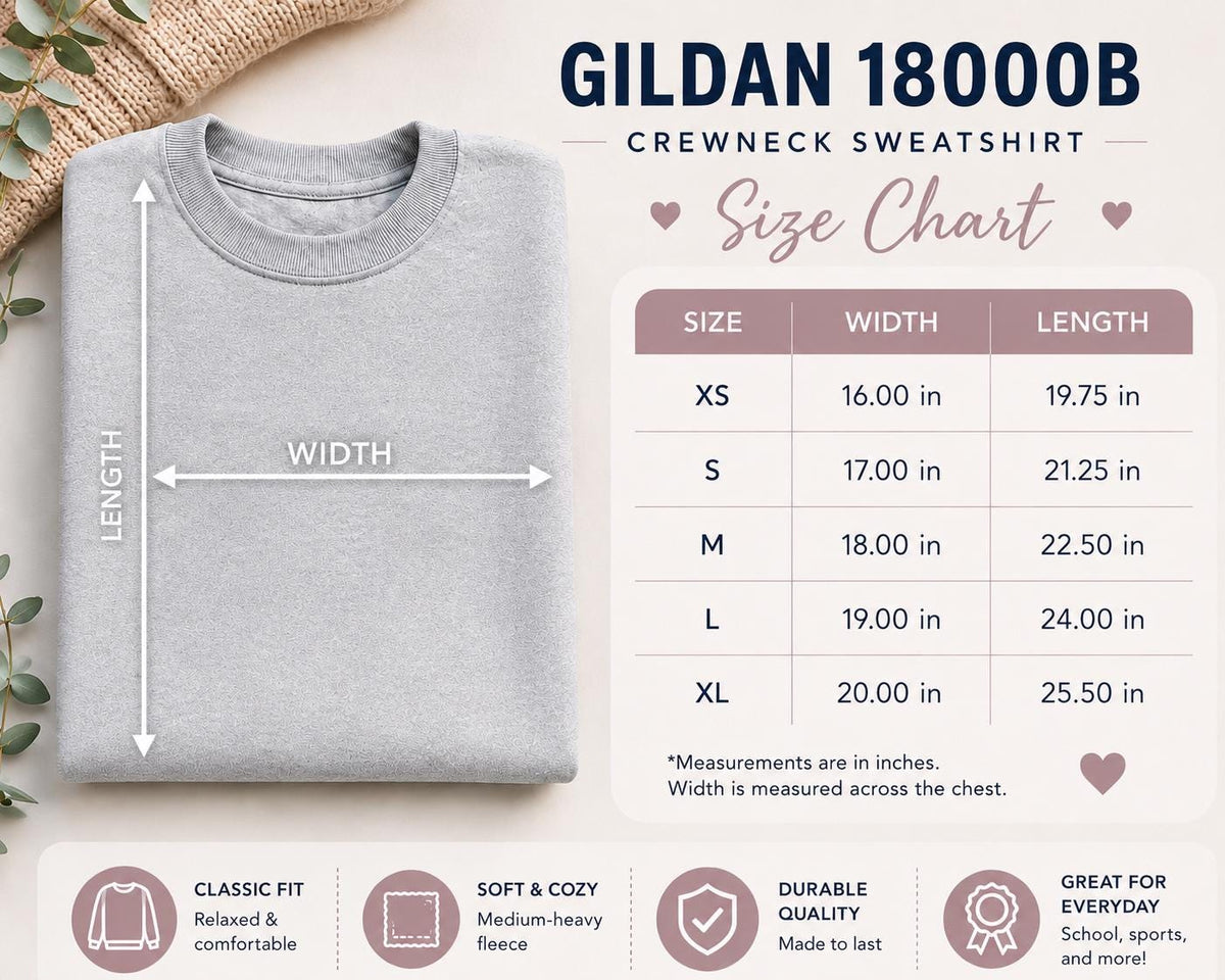 Gildan 18000B youth sweatshirt size chart