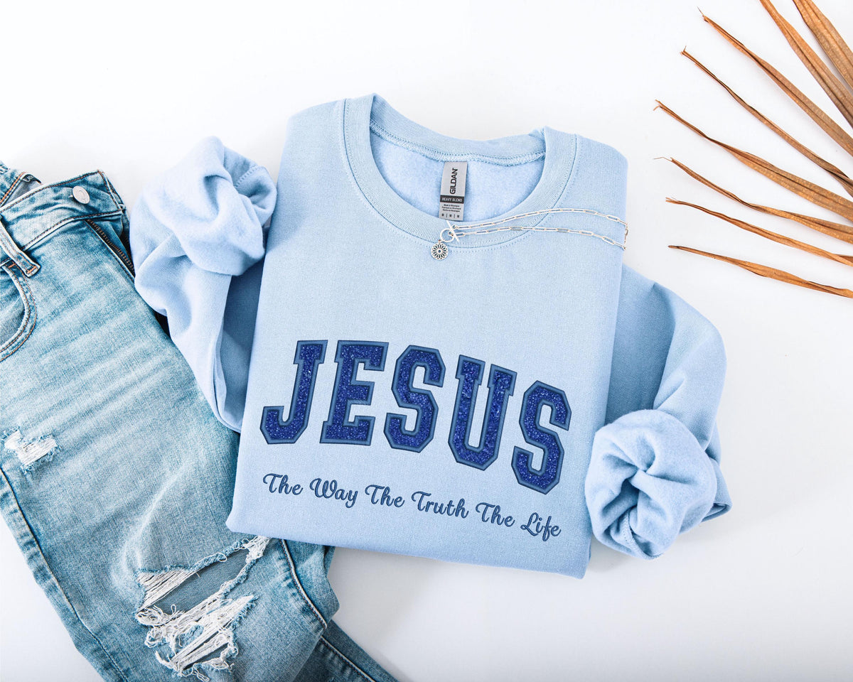 Glitter Embroidered JESUS Adult Sweatshirt