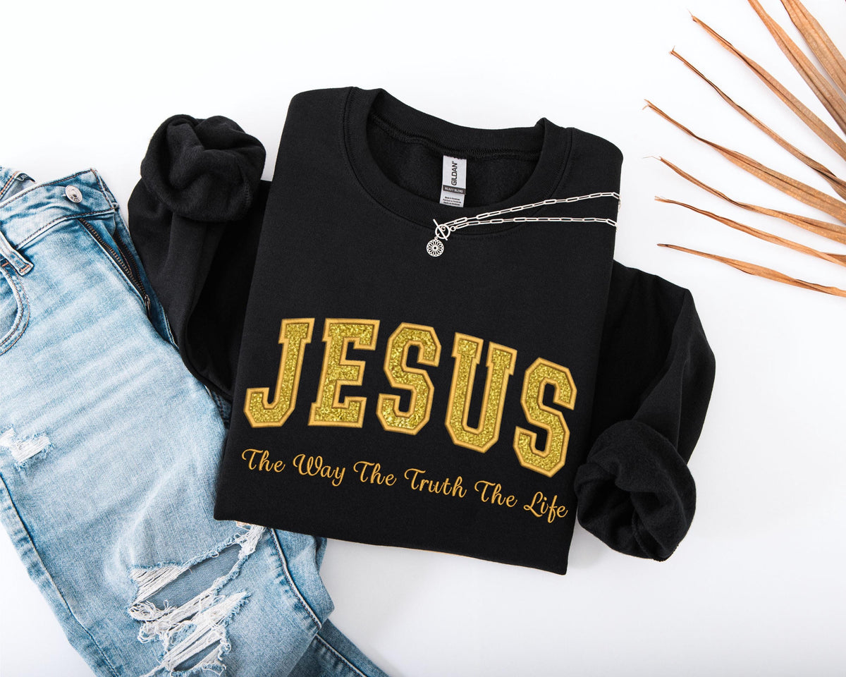 Glitter Embroidered JESUS Adult Sweatshirt
