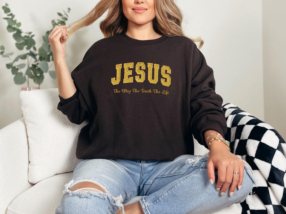 Glitter Embroidered JESUS Adult Sweatshirt