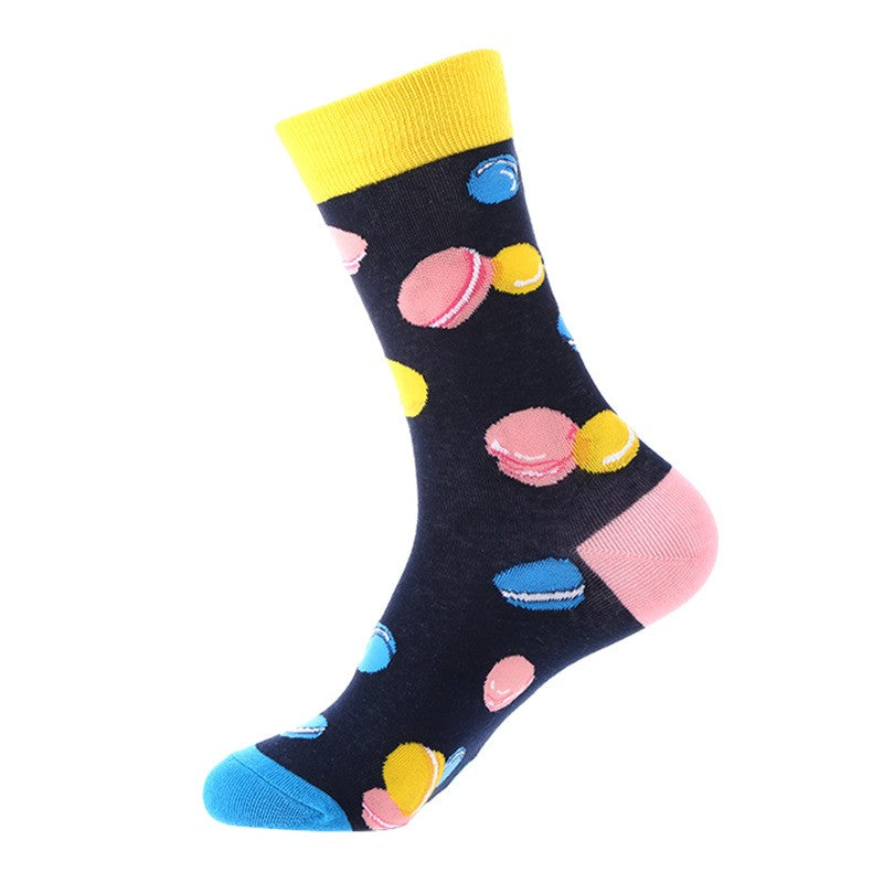 Bright yellow novelty socks with colorful donut pattern and heart accents – unisex dessert socks