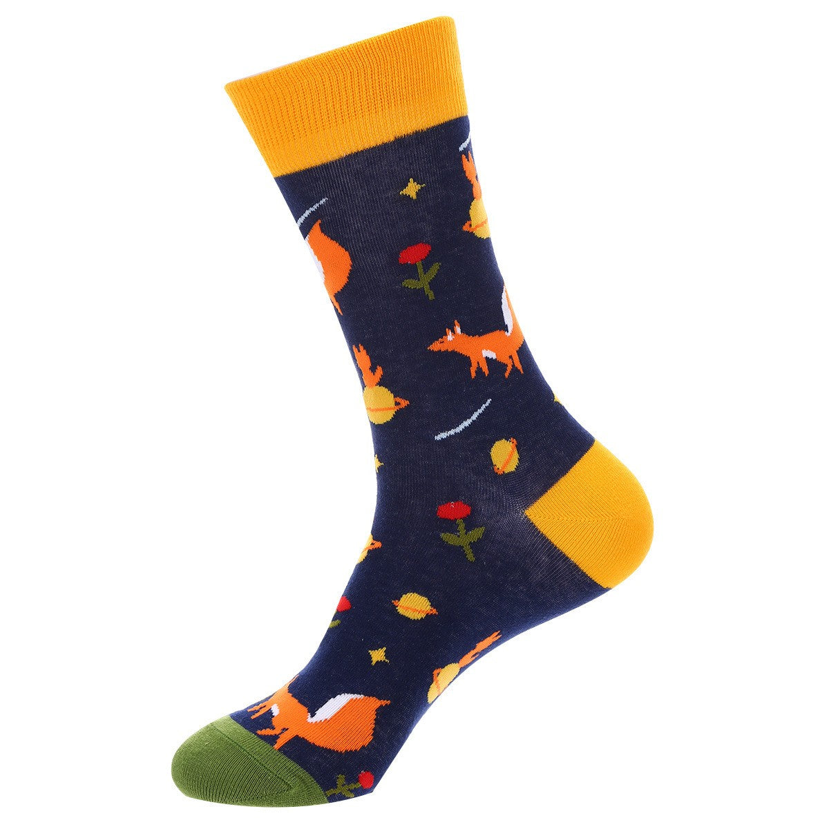 Navy crew sock with bright orange fox pattern, yellow cuff and heel, green toe, small flowers and stars — animal themed