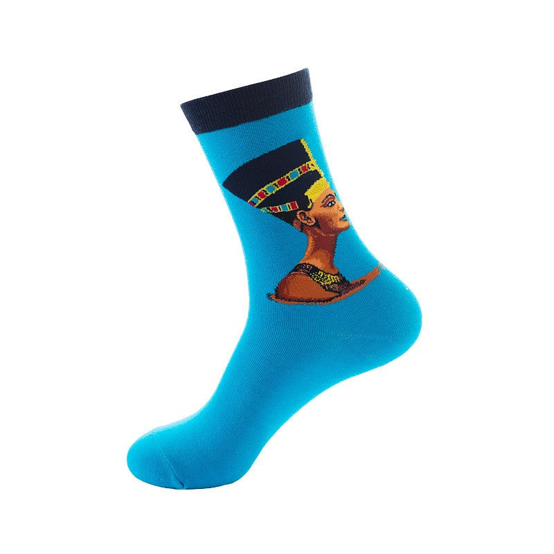 Turquoise crew socks featuring Nefertiti Egyptian queen artwork