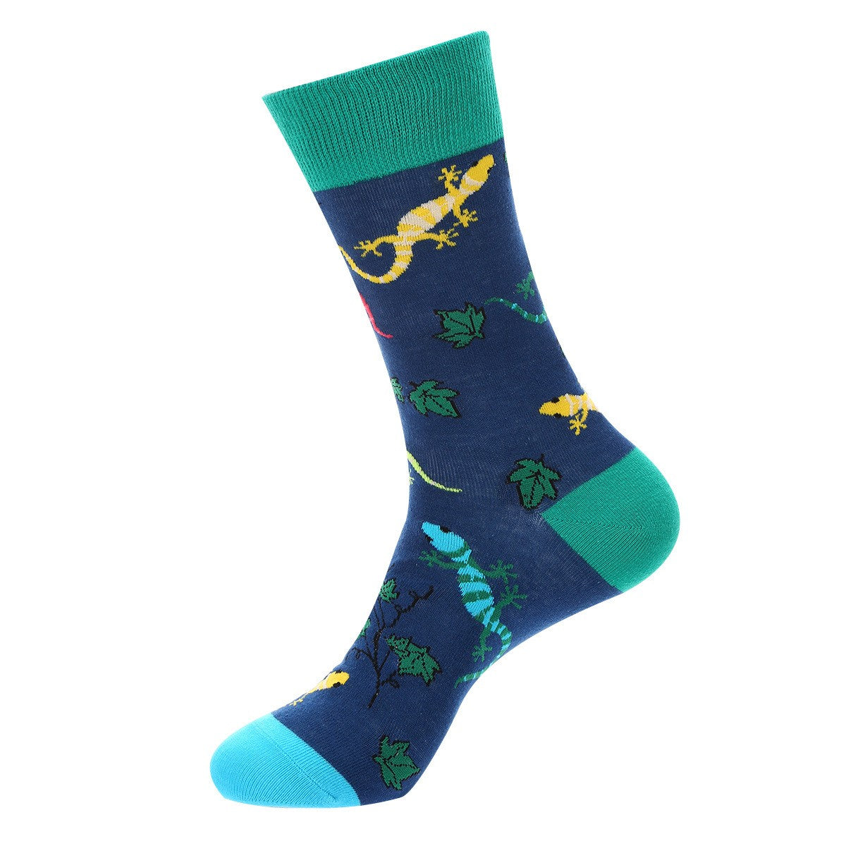Navy crew sock with colorful lizards in yellow, green, blue, and red with leafy accents — animal themed