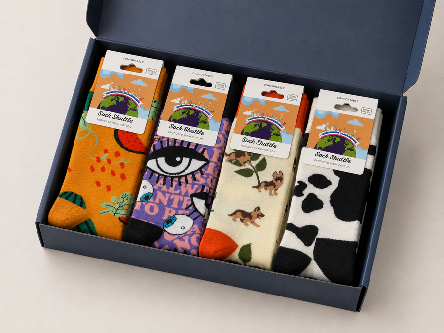 Colorful packaged socks in a gift box