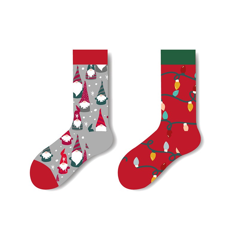 Mismatched holiday socks – one gray sock with festive Christmas gnomes, one red sock with colorful string lights 
