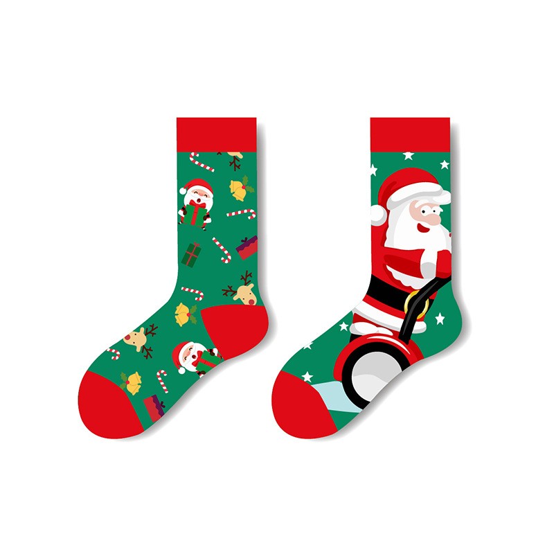 Mismatched Christmas socks – one with Santa in sleigh, one with gifts, candy canes and festive icons on green background, red accents