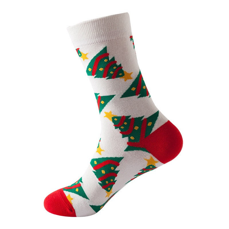 White crew socks with green Christmas tree pattern, red heel, toe, and cuff – unisex holiday novelty socks