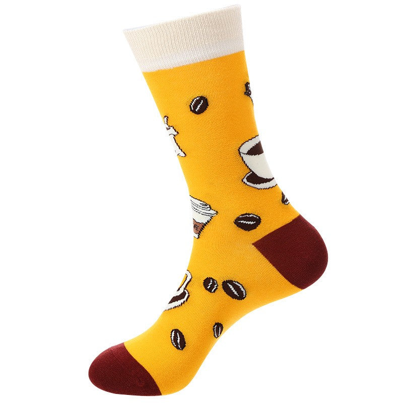 Coffee cup pattern food socks in yellow with beans – unisex novelty