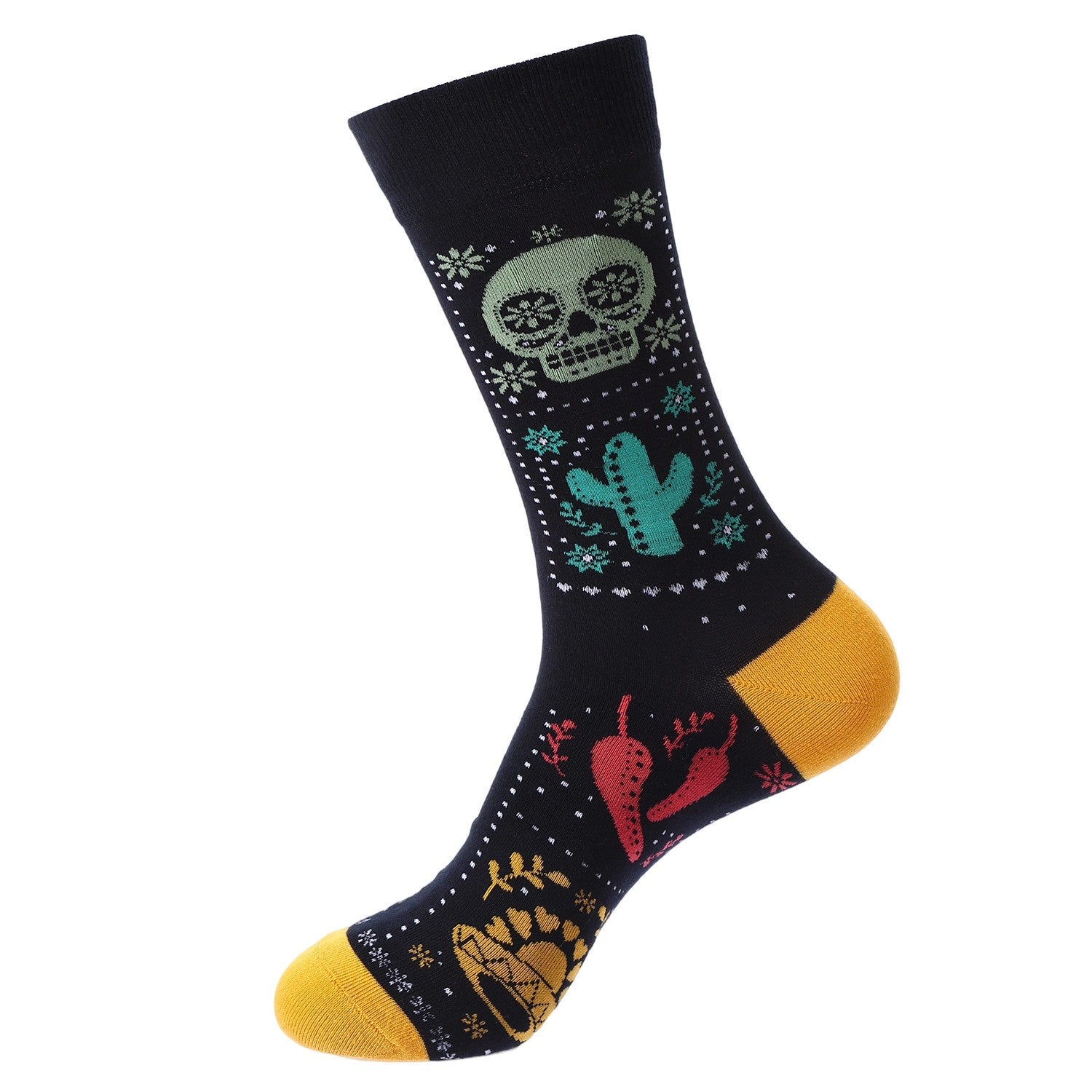 Day of the Dead socks featuring green sugar skull, cactus, and chili peppers on black background – unisex